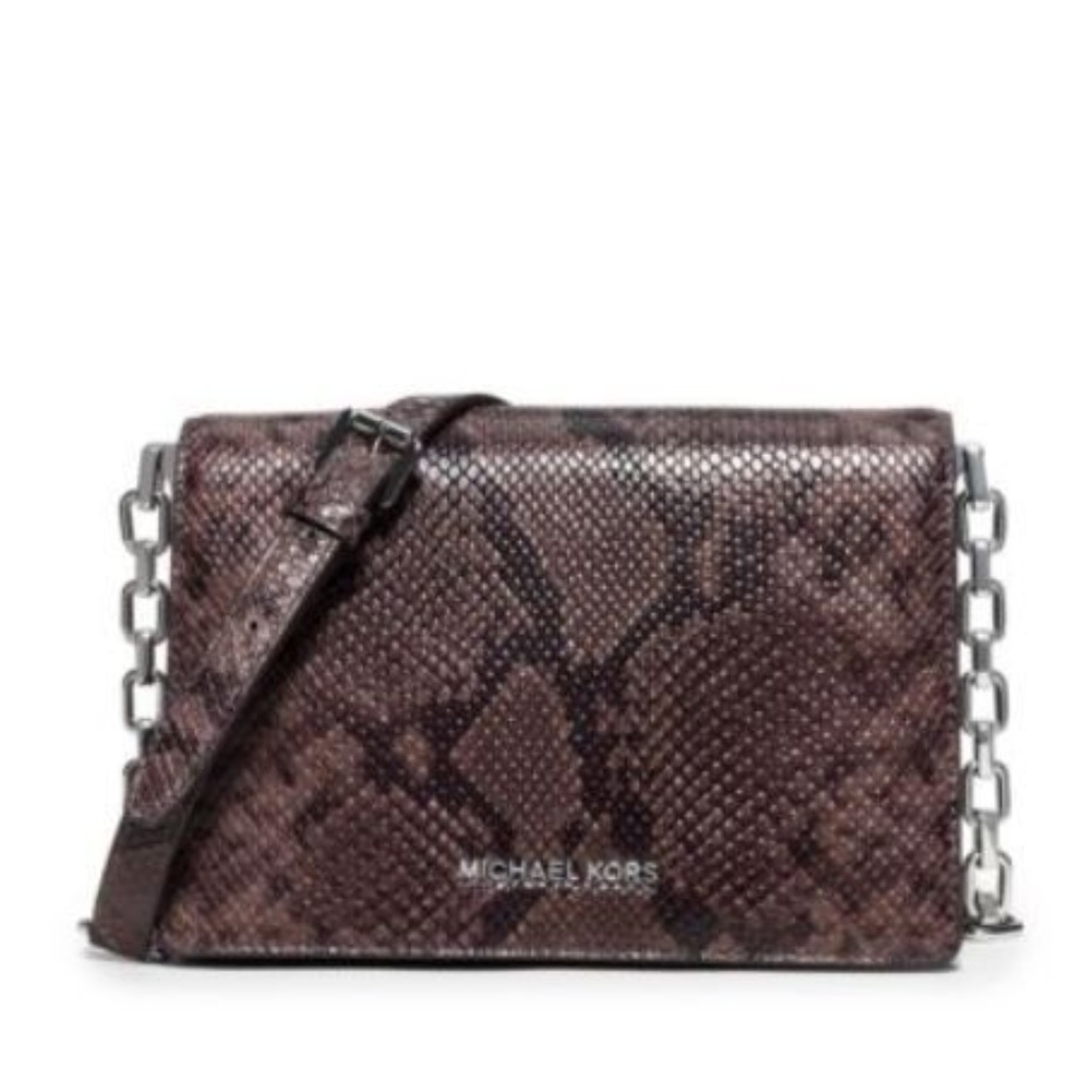 Michael Kors Brinkley MD Python Embossed Leather Cross-Body $358 Cinder #054 NWT